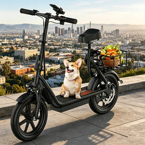 Foldable Electric Scooter with Seat and Basket - 500W Peak Motor, 48V/10.4Ah Rechargeable Battery, LED Headlight, Rear Disc Brakes, Dual Shock Absorbers, Adjustable Height, Customizable Size, 22MPH Max Speed, 28Miles Max Range, 265Lb