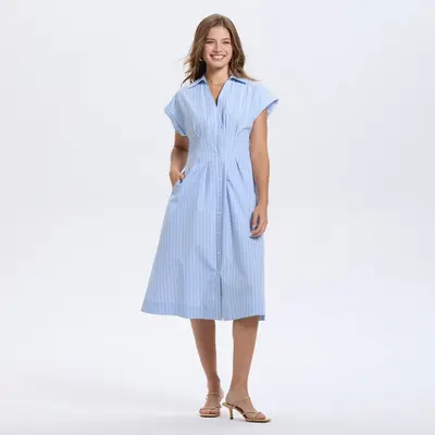 A New Day Pleated Midi Shirtdress
