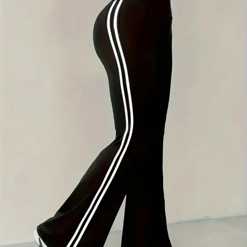 Women's High Waist Drapey Bell Bottoms, Tight Fit Colorblock Sport Pants, Stylish and Comfortable Casual Wear, Casual Sporty Pants, Sports Bottoms, Colorblock Sweatpants, , Athleisure Style Bottoms, Yoga Workout Trousers