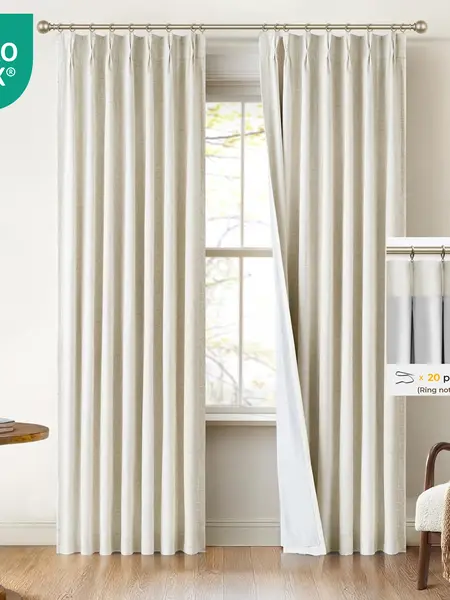 INOVADAY Pinch Pleated Curtains, 2 Panels Full Blackout Curtains, Linen Pleated Blackout Drapes For Bedroom, Thermal Black Out Pinch Pleat Drapes with Hooks