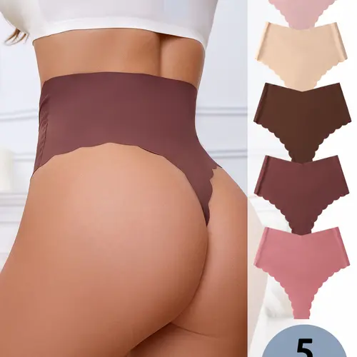 5-Pack Wave-Hem Thongs, Comfortable Smooth Ice Silk Seamless High-Waisted Basic Everyday Women's Underwear, Casual Fitted High-Waisted Panties, All-Season Breathable