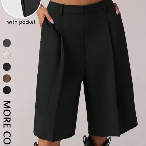Women's Casual Solid Color Pants with Pockets, Fitted H-Type Shorts, Plain Pattern, All Seasons, Comfortable and Stylish, Casual Fashion Shorts, Womenswear