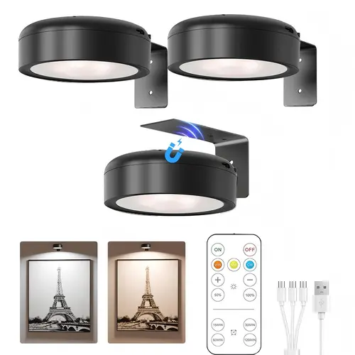 3-Pack 2000mAh Magnetic Wireless Rechargeable Dimmable Adjustable RGB LED Dimmable Picture Lights - Wall Decor, Aesthetic Room Decor, Apartment Accessories (Ideal for Gallery Walls), Led Lights Bedroom,campingessentials,outdoorfurnitureset,campinggear