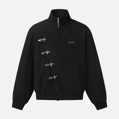 Aelfric Eden Metal Button Boxy Jacket Black Long Sleeve Stand Collar Slant Placket Unisex Fashion Street Jacket Retro Y2K
