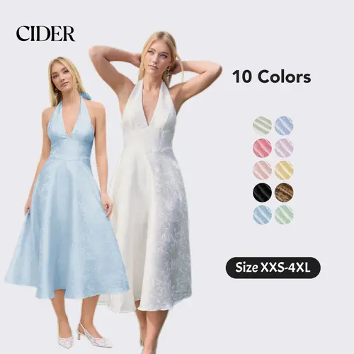Cider Elegant Vacation Halter Neckline Dress for Wedding Guest, Sexy Floral Maxi Dresses, Ladies Jacquard Sundress, Summer Party Gowns, Lady Sun Dress Dealsforyou