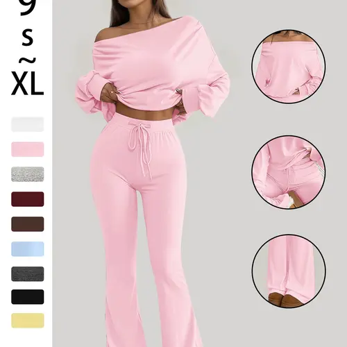 One Shoulder Long Sleeve Loose Crop Top and High Waist Drawstring Skinny Vintage Bell Pants, Yoga Fitness Workout, Sports Set, Spring & Fall Casual Style, Casual Sportswear Outfit, Sporty Style Outfits