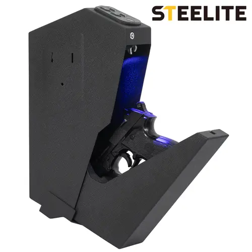 Steelite Biometric Mounted Gun Safe - Mini Hidden, Secure Storage, Smart, Theft Prevention, Wall Safe, Auto-Open for Nightstand & Desk, Fingerprint, 4-Button Backlit Keypad, Emergency Key, Home & Office Use, Mini Hidden Safes, Secure Storage Safes