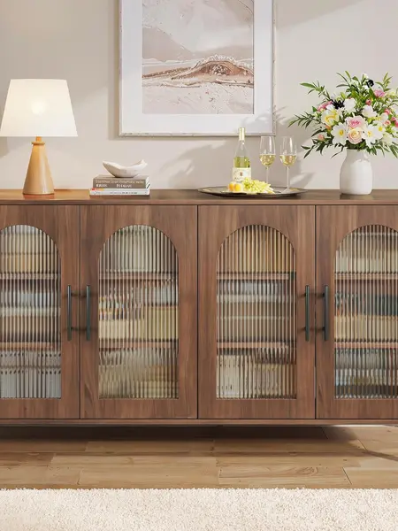【Summergarden】Sideboard Buffet Cabinet with Storage, 55" Modern Sideboard Cabinet with 4 Fluted Glass Doors & Adjustable Shelves, Wood Buffet Console Table for Living Room, Kitchen, Dark Walnut