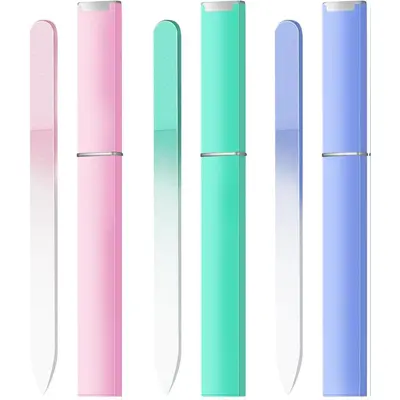 Women's 3-Pack 240 Grit Compact Glass Nail Files - Double-Sided Smooth Gentle Polish Crystal Fingernail Files with Case, Salon Supplies, Manicure Care Gift (Pink, Green, Blue)