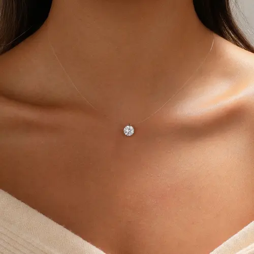 Tasiso Women's Floating Cubic Zirconia Pendant Necklace on Invisible Transparent Cord, Minimalist Choker Adjustable Length, Everyday Layering Jewelry, For Woman,Gift,summeroutfits,vacationoutfits,beachoutfits,Thick Clear Invisible Fishing Line