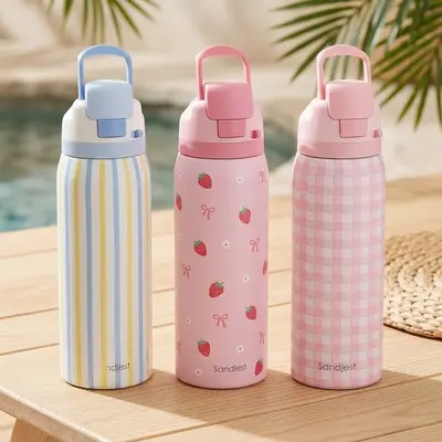 SANDJEST Summer 32oz Insulated Stainless Steel Water Bottle with Push-Button Lid, 100% Leak-Proof Reusable, Sports Gym Outdoor Travel Gift for Her