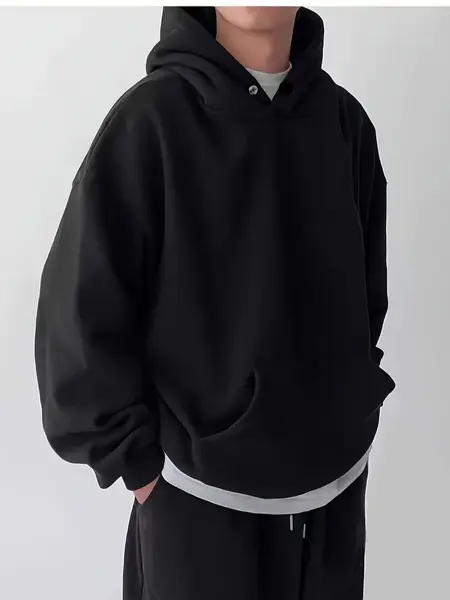 Men's Black Casual Minimal Hooded Long Sleeve Loose Sweatshirt - Spring Autumn Winter Vintage Washed Unisex