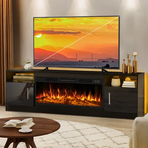 【2 Packages Shipping [Summer Vibes] PUKAMI Fireplace tv Stand with 36 inch Fireplace Up to 80" TVs,LED Light Entertainment Center and Storage, 70" Modern Wood Media TV Console with Highlight Cabinet for Living Room