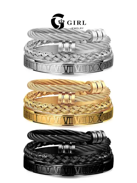 GGIRL 3Pcs/Set Adjustable Detachable Men Cuff Bracelets, 18K Gold Plated Black Silver Color Stainless Steel Twisted Wire Stack Layer Bangles, Vintage Roman Numeral Engraved Minimalist Hip Hop Jewelry for Men,Trendy Street Wear Accessory,Nice Gift for Him