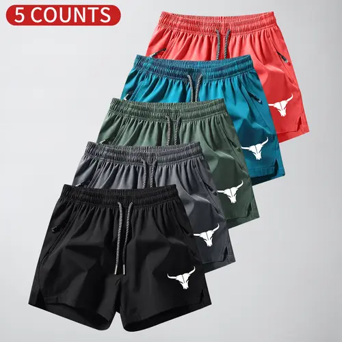 Men's 5-Pack Bull Print Plain Tie Pocket Shorts; Men's Clothing; Athletic Casual Stretch Waist Pocket Shorts; Breathable Summer Men's Everyday Sports Pants,summerwins,father'sdaygifts