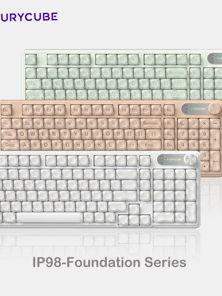 FURYCUBE IP98 Foudation Keyboard, 98 keys with Knob Transparent Keycaps Tri-Mode BT/2.4GHz/USB-C Cute Classic Keyboard with Number Pad, Media Knob Custom Mechanical Feel Keyboard, RGB Backlit Work/Office/Gaming Silent Keyboard, Budget Gift, Dealsforyou