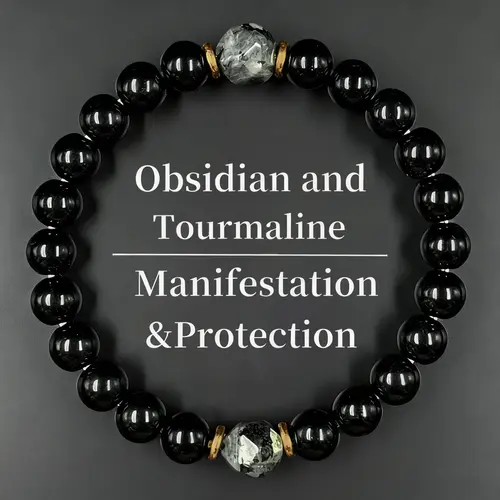 Obsidian & Black Tourmaline Bracelet - Manifestation & Protection Prosperity Crystal Beads Jewelry for Men & Women, Christmas Gift, Gifts for Mother's Day, Valentine's, Birthday, Anniversary, Black Grounding Stone Beaded Bracelet summerwins FathersDayGift