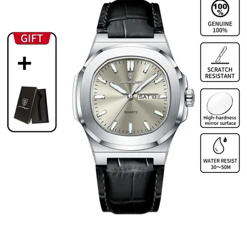 Men's Waterproof Design Quartz Wristwatch with Date and Day Display, Casual Analog Watch with PU Leather Band, Perfect Gift for Him, Sporty Style Timepiece