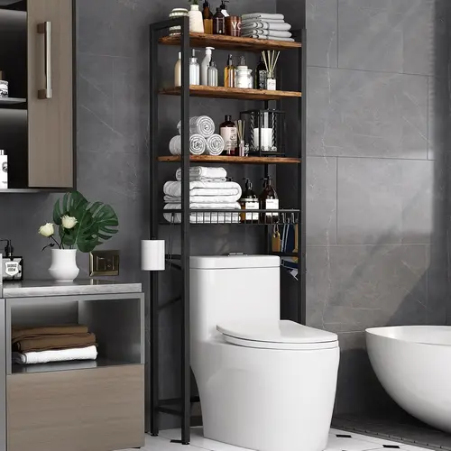 4-Tier Over-The-Toilet Space Saver Organizer Rack, Bathroom Organizing Accessories with Adjustable Shelf, Basket, 3 Towel & Toiletry Hooks for Storage Organization