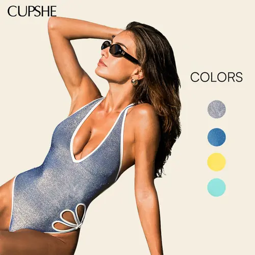 CUPSHE Shimmering Blue Plunging One-Piece - Petal Cutout Detail & Medium swimwear Bust Support | 2026 Metallic Glow Beach Outfits Swimsuit Swimoutfit Bathing suit #DealsForYouDays