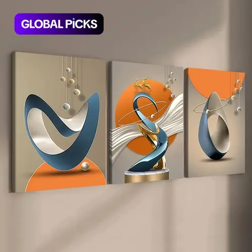 3-Piece Abstract Geometric Art Canvas Prints with Solid Wood Frames, High-Definition Waterproof Vibrant Wall Artwork for Living Room and Hallway, Contemporary Home Decor #GLOBAL PICKS