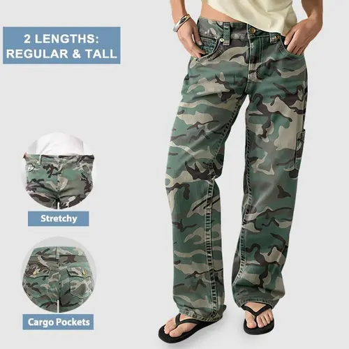 Flamingals Stretchy Camo Print Mid Rise Straight Leg Pants Womenswear
