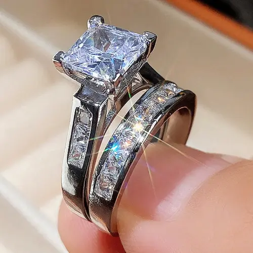 Women's 2-Piece Princess Cut Wedding Ring Set, Silver Plated Stackable Engagement Ring with Baguette Accents, Promise Rings