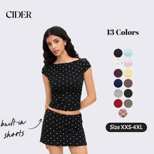 Cider 2-Piece Set Boat Neck Polka Dot Ruched Tee & Micro Mini Skort with Built-in Shorts Fashion Style Women's Summer Sets SummerWins Dealsforyou