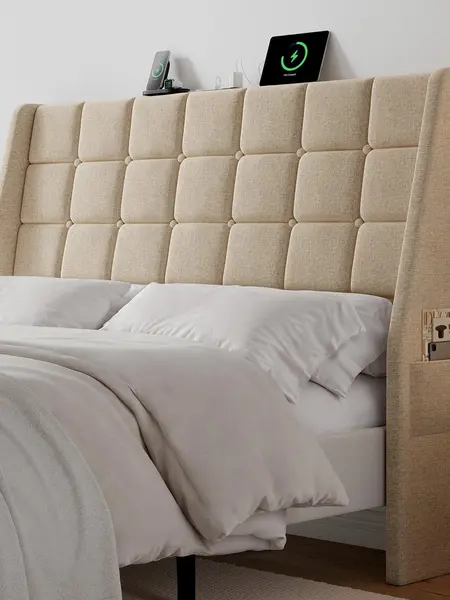 【DealsforYou】ONBRILL Ergonomic Upholstered Full/Queen Size Headboard w/Charging Station, Linen Wingback Headboards w/Storage Pocket, Full Headboard Only, Bed Frame Adapters, Sturdy Solid Wood Bed Head Board