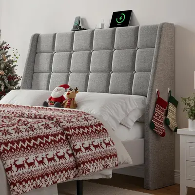 【DealsforYouDays】ONBRILL Ergonomic Linen Wingback Headboard for Full/Queen Bed Frames, Sturdy Solid Wood, Built-in Outlets & Charging Station, Dual Storage Pocket, Assembly Kit Included, Queen Bed Frame, Assembly Kit Headboards