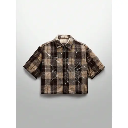 【Order Size Up】Unisex Spring Summer Glitter Street Style Crystal Spider Web Plaid Short Sleeve Woven Shirt