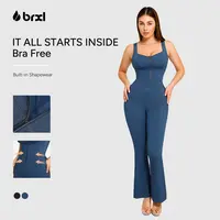 BRXL Faux Denim Jumpsuit for Women - Built-in Shapewear Tummy Control Bodycon Romper with Flared Legs  - Casual Fashion Bodysuit #Summervibes #beachoutfit #summer outfits #4th of july outfits #cute summer outfits#vacation outfits#summer dresses-1