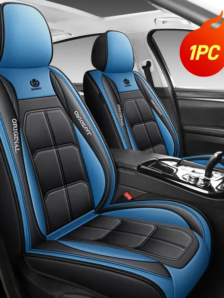 Stretch-Fit Leather Car Seat Covers, Blue Black Color Block Automotive Accessories, Sporty Full Surround Protection Seat Covers for Cars