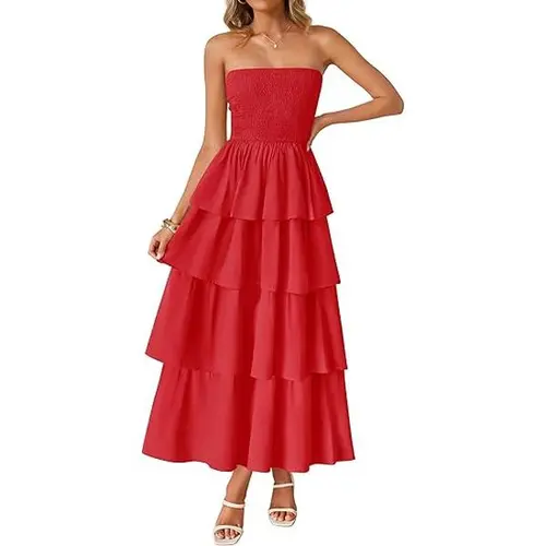 ZESICA Women‘s Summer Boho Strapless Maxi Dress 2025 Casual Sleeveless Off Shoulder Smocked Tiered Beach Long Sundress