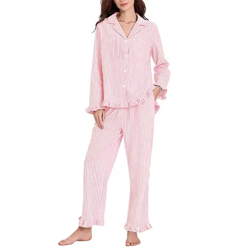 Women's Cute Striped Cotton Longsleeve Ruffled Pajama Set - Button-Front Lounge Set with Pockets, Loose-Fitting Sleepwear with Pyjama Bottoms for Women
