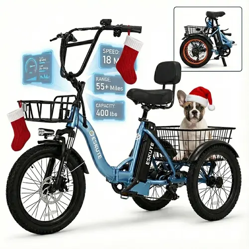 ESKUTE T300 Electric Trike for Adults, 1200W Peak E-Trike for Seniors, Foldable 18MPH Long Range Fat Tire 3 Wheel Electric Bicycle, Adult Tricycle with Cargo Baskets for Camping Essentials