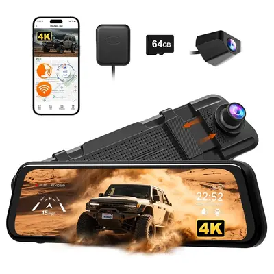 【Deals For You】WOLFBOX M40 10” 4K Mirror Dash Cam Front & Rear, WiFi GPS Voice Control, Night Vision, Parking Mode, 64GB Included