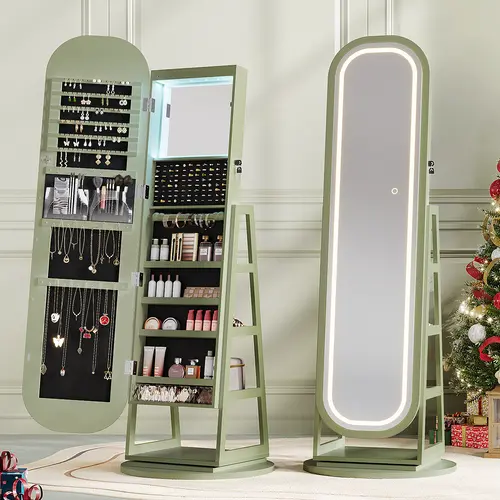 【Full-Length LED Mirror】ONBRILL Gorgeous Lockable 360° Swivel Jewelry Cabinet w/ Light,Jewelry Organizer Armoire Standing w/ Interior Mirror&Storage Shelve for Cloakroom LivingRoom Bedroom Furniture【DealsforYou】