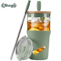 【Olivego】20oz Eco-Friendly Reusable Glass Water Tumbler - Portable, Washable 2-in-1 Cup with Bamboo Lid, 2-in-1 Straw, Anti-Slip Silicone Sleeve - Durable, Stylish On-the-Go Iced Coffee Cup for Gifting & Daily Use (Non-Insulated Glass Tumbler)
