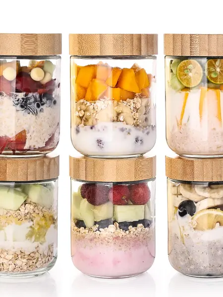 Glass Jars with Airtight Lids, 16oz Overnight Oats Containers with Bamboo Lids, 6 Pack Wide Mouth Mason Salad Jars, Glass Food Storage Containers for Spice Sugar Snacks Yogurt Meal Prep Kitchen