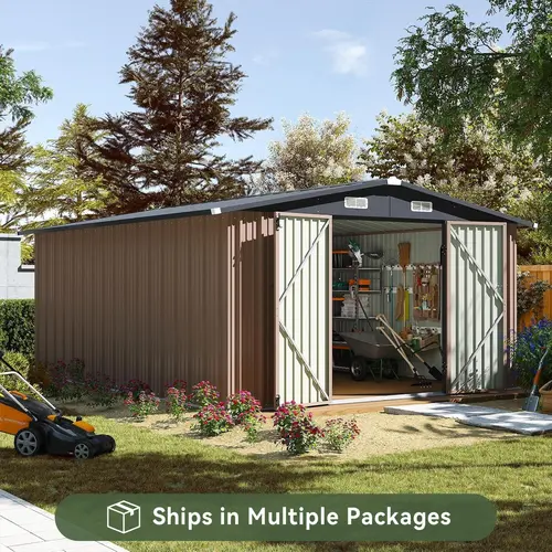 Aoxun Tough Metal Shed Outdoor Storage, Large Brown Enclosure Garden Buildings (12x14FT/10x12FT/10x8FT/6x8FT/6x4FT Sizes) with Double Hinged Lockable Large Door, Metal Sloped Roof for Garden, Backyard,campingessentials,outdoorfurnitureset,campinggear
