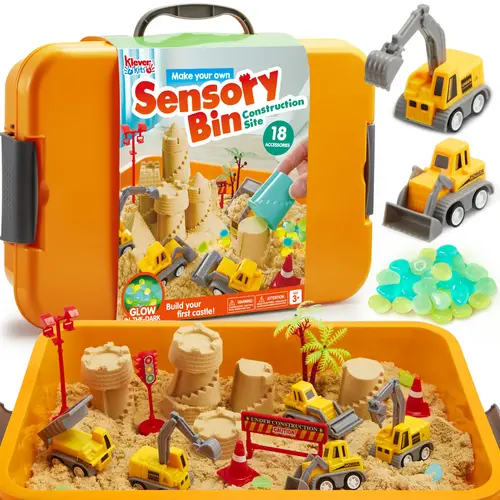 Klever Kits Construction Sensory Bin for Toddlers with Glow in The Dark Stones, Sandbox with Lid Castle Building kit, Preschool Learning Activities Gifts for Boys Girls Age 3,outer space/pet/ Dinosaur