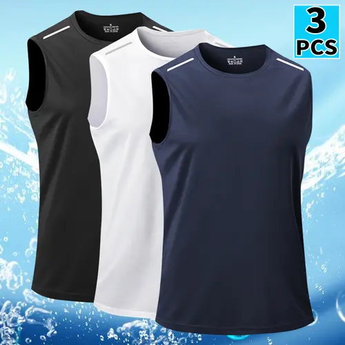 Men's 3-Pack Crew Neck Sleeveless Short Vests - Breathable Quick-Dry Polyester Clothes Gym Outfits, Mens Clothing Men's Wear Summer Underwear Top for Gym, Running (Black/White/Navy Blue),summerwins,father'sdaygifts