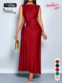 Aliling Elegant Chic Sleeveless Midi Dress for Women High Waist Folds Boat Neck Bodycon Fitted Solid Female Formal Evening Sexy Clothing Perfect for Party and Dates Elegant Chic Gown Elegant Fashion Dress