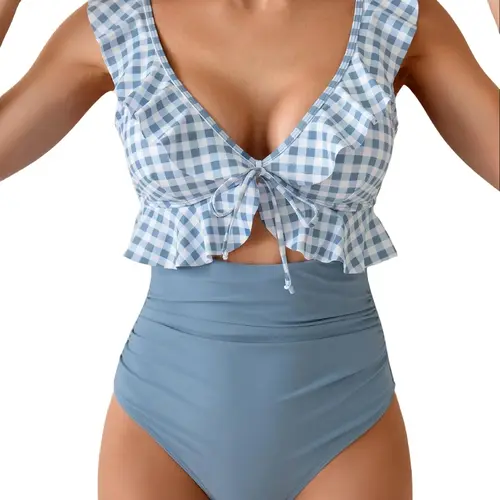 Eomenie One Piece Swimsuit for Women Tummy Control Ruffle Bathing Suit V Neck Ruched Swim Suit Slimming Cutout Swimwear #Deals For You Days