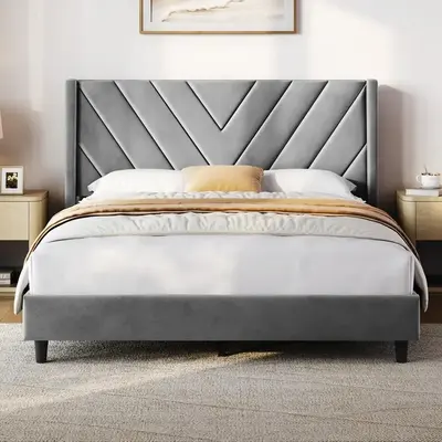 【Queen Size】Costoffs Upholstered Platform Bed Frame with Tufted Headboard Wing Side, Fabric Upholstered Bed Frame with Wooden Slat Support