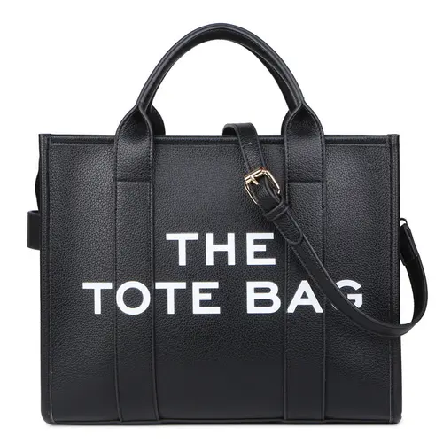 BIGWIG Women's Black PU Leather Tote - THE TOTE BAG Print, Durable Structured, Adjustable Crossbody Strap, Spacious Casual Commuter Everyday Work Bag, Stylish Birthday Gift for Women (Womens Gifts), Casual Commuter Bag