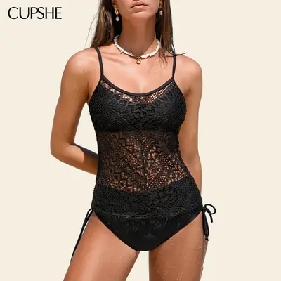 CUPSHE Serenity Sands Nylon Tankini Swimsuits - Black Diamond Neckline, Adjustable Straps, Strappy Tankini Top, Medium Bust Support, Standard Leg Cut Beach Swimwear #DealsForYouDays