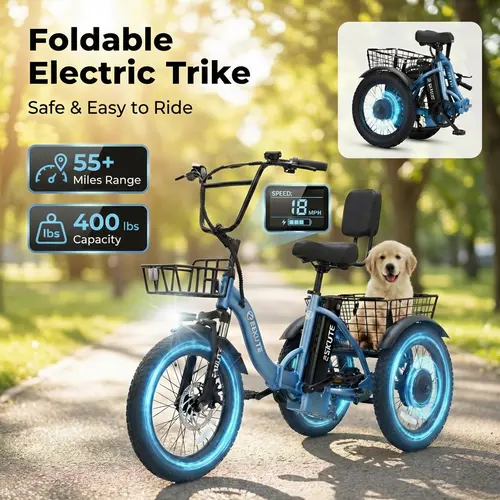ESKUTE T300 Adult Electric Tricycle Ebike - 48V13Ah Removable Battery, 18*3.0 Tires, 1200W Peak Power, 18 MPH Speed, 55 Mi Range, Foldable Frame, Basket, 3-Wheel Fold Folding Bikes for Sports & Outdoor Use, Ebikes,father'sdaygifts,campingessentials,camp