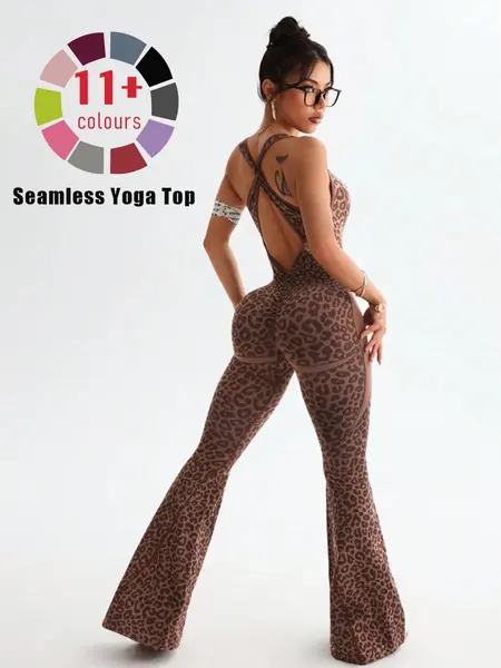 Women's High Waist Yoga Jumpsuit, Seamless Fashion Design, Cross-Back Straps, Tummy Control, Butt Lifting, Flare Leg Unitard, Workout Flare Jumpsuit, Workout Fitness Jumpsuit